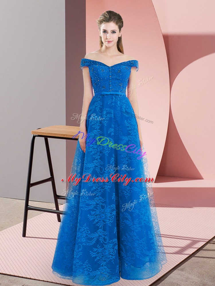 Classical Blue Lace Up Off The Shoulder Sleeveless Floor Length Homecoming Dress Beading