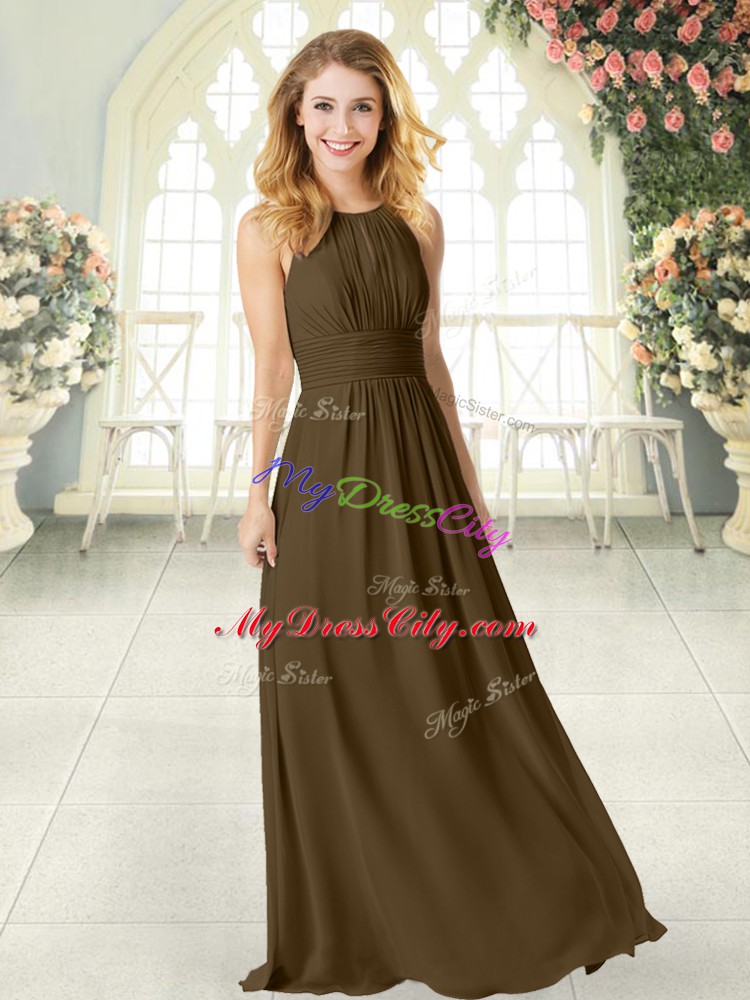 Ruching Prom Dress Brown Zipper Sleeveless Floor Length