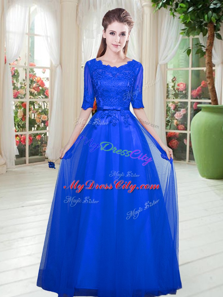 Royal Blue Half Sleeves Floor Length Lace Lace Up Evening Dress