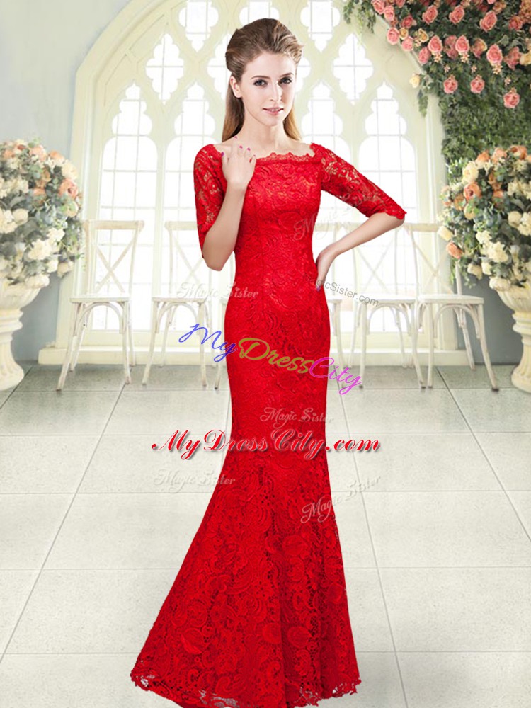 Red Scalloped Lace Up Beading Prom Dresses 3 4 Length Sleeve