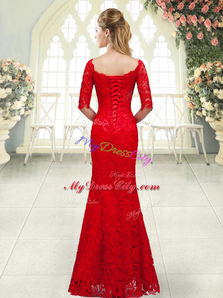 Red Scalloped Lace Up Beading Prom Dresses 3 4 Length Sleeve