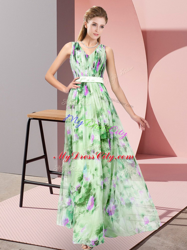 Luxury V-neck Sleeveless Zipper Dress for Prom Multi-color Printed