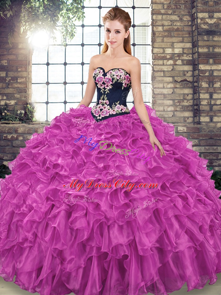 Sleeveless Sweep Train Embroidery and Ruffles Lace Up Vestidos de Quinceanera