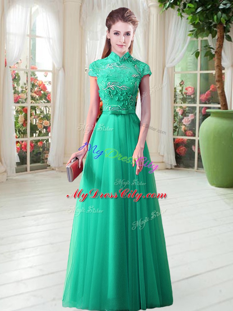 Green Cap Sleeves Lace Up Dress for Prom for Prom