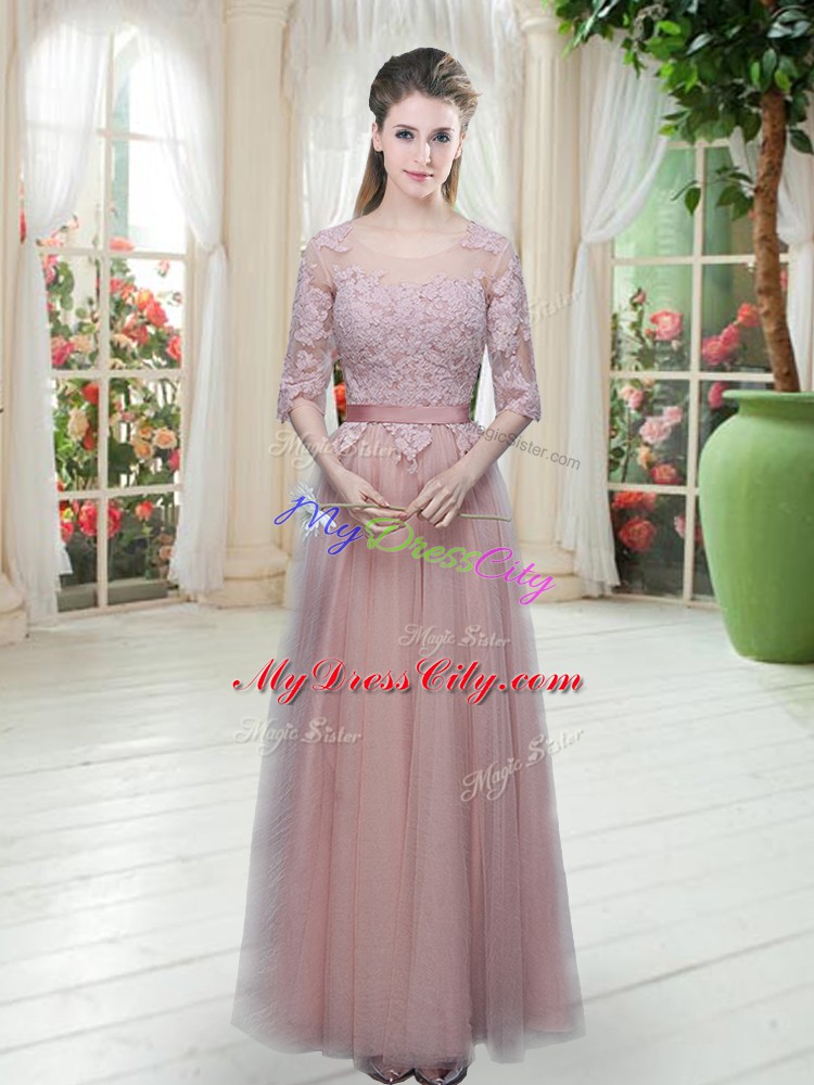 Tulle Scoop Half Sleeves Lace Up Lace Prom Gown in Pink