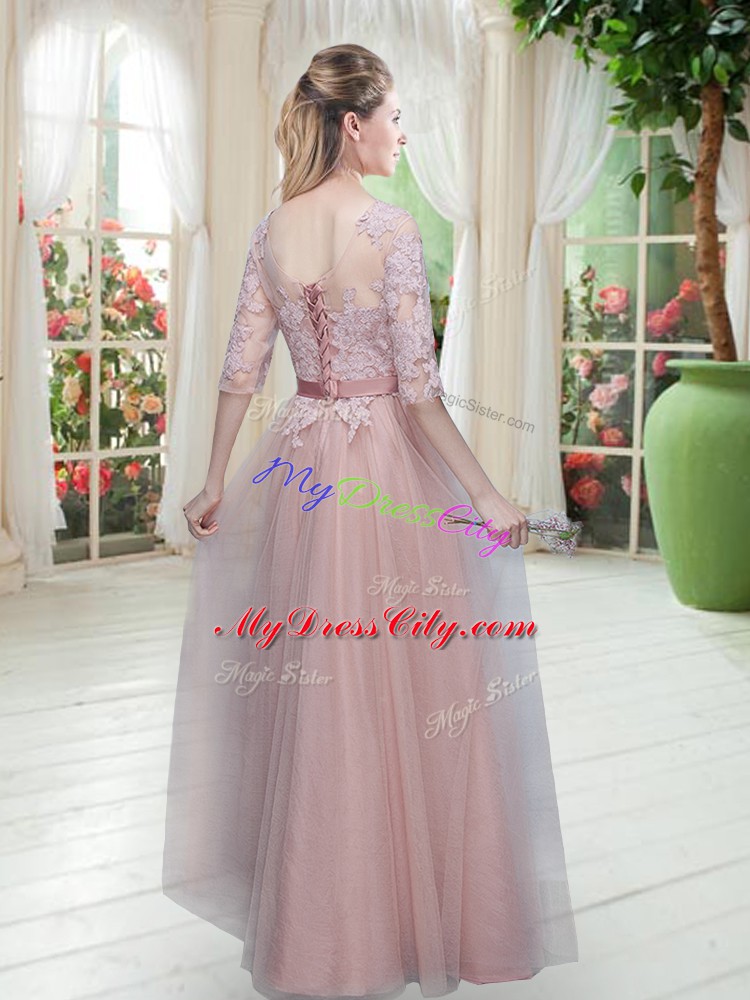 Tulle Scoop Half Sleeves Lace Up Lace Prom Gown in Pink