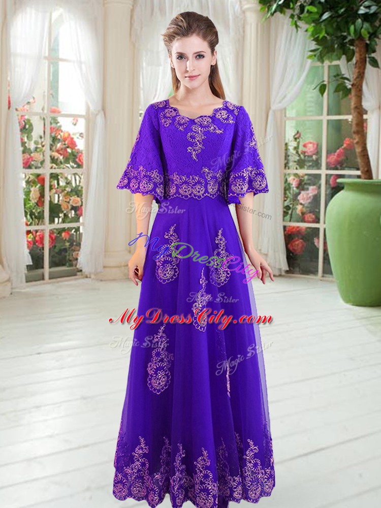 Scoop Half Sleeves Prom Evening Gown Floor Length Lace Purple Tulle