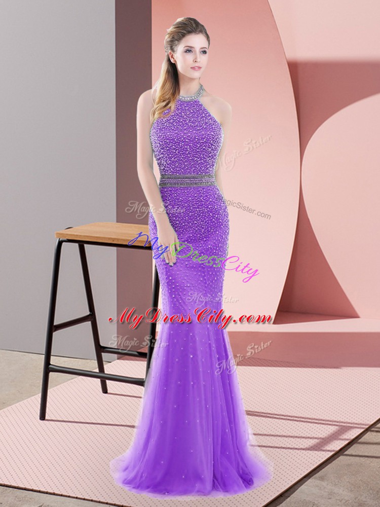 Purple Halter Top Backless Beading Homecoming Dress Sweep Train Sleeveless