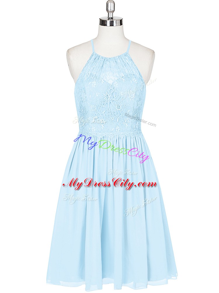 Attractive Light Blue A-line Chiffon Halter Top Sleeveless Lace Mini Length Backless Prom Dresses