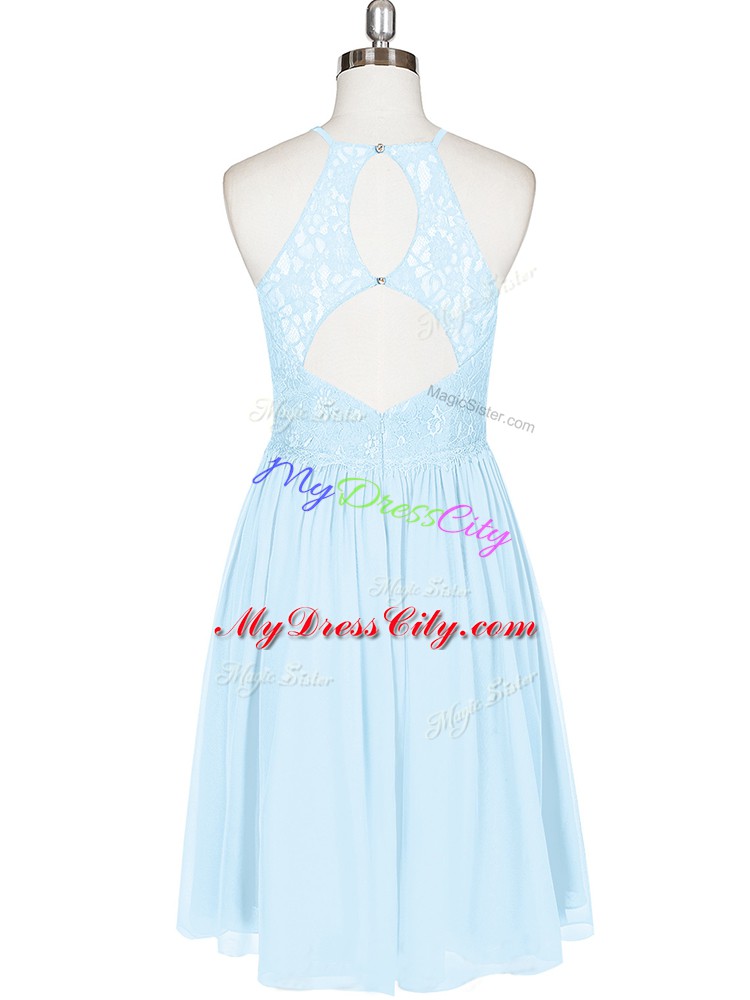 Attractive Light Blue A-line Chiffon Halter Top Sleeveless Lace Mini Length Backless Prom Dresses