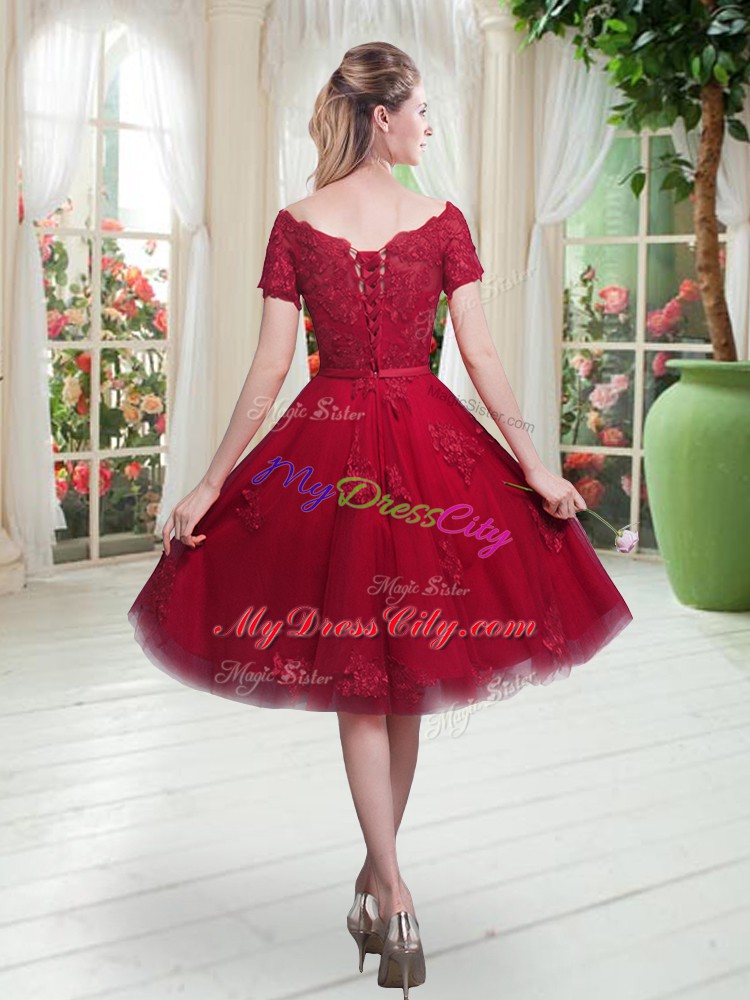 Tulle Short Sleeves Knee Length Prom Dresses and Appliques