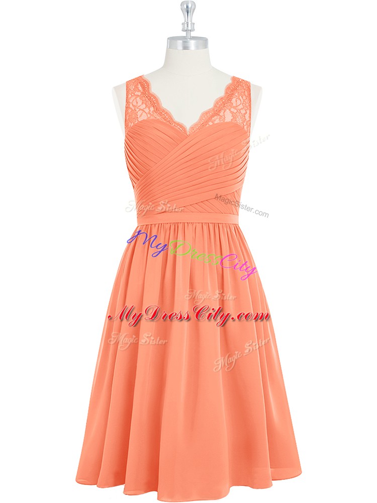 Sleeveless Chiffon Mini Length Side Zipper Prom Party Dress in Orange with Lace