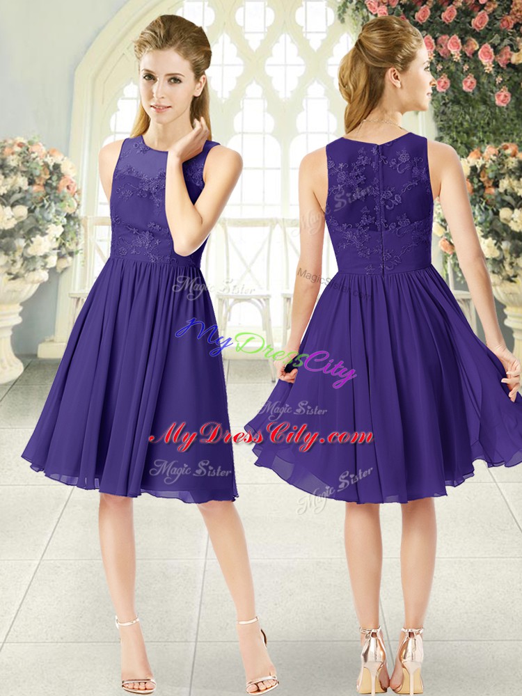 High Class Empire Prom Dresses Purple Scoop Chiffon Sleeveless Knee Length Zipper