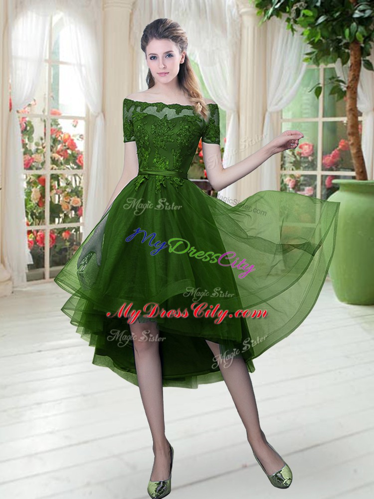 Hot Selling Green Off The Shoulder Lace Up Lace Short Sleeves