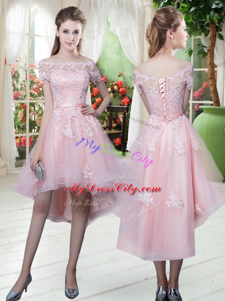 Pretty Lace and Appliques Prom Party Dress Baby Pink Lace Up Half Sleeves High Low