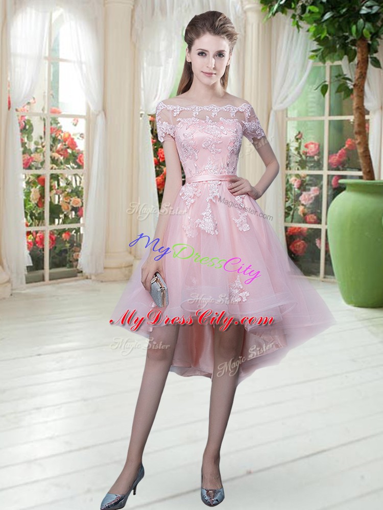 Pretty Lace and Appliques Prom Party Dress Baby Pink Lace Up Half Sleeves High Low