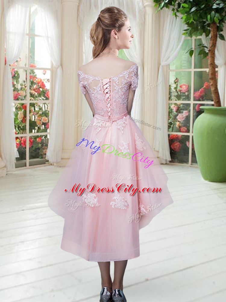 Pretty Lace and Appliques Prom Party Dress Baby Pink Lace Up Half Sleeves High Low