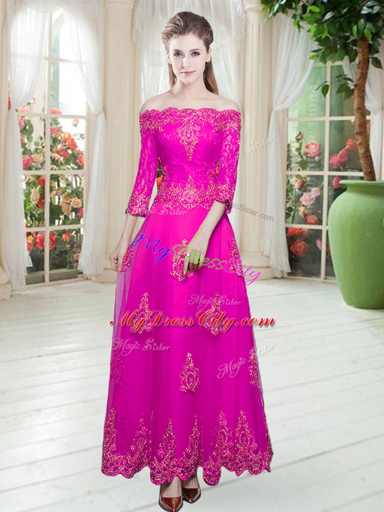 Fuchsia Off The Shoulder Lace Up Lace and Appliques Evening Dress 3 4 Length Sleeve