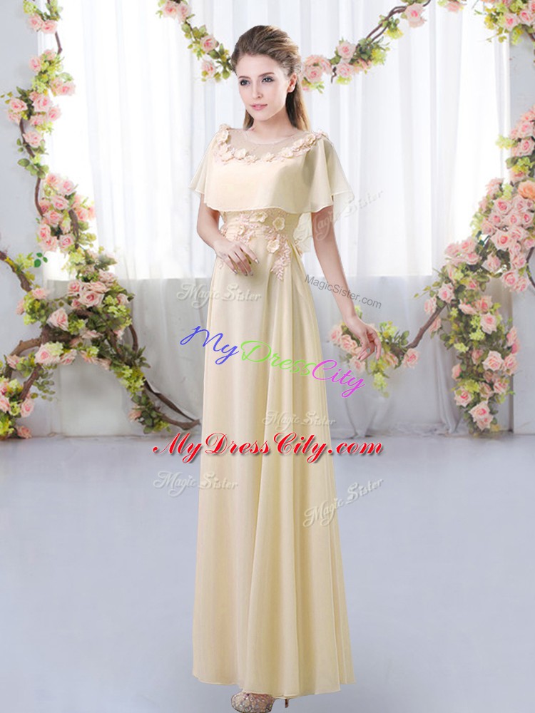 Light Yellow Chiffon Zipper Scoop Short Sleeves Floor Length Bridesmaids Dress Appliques