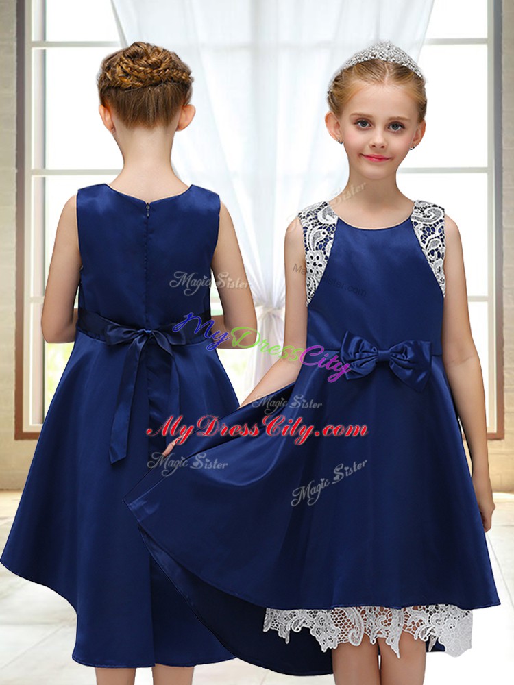 High Low Zipper Toddler Flower Girl Dress Navy Blue for Wedding Party with Lace and Bowknot