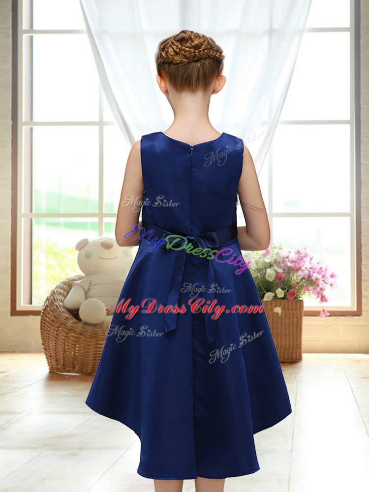 High Low Zipper Toddler Flower Girl Dress Navy Blue for Wedding Party with Lace and Bowknot