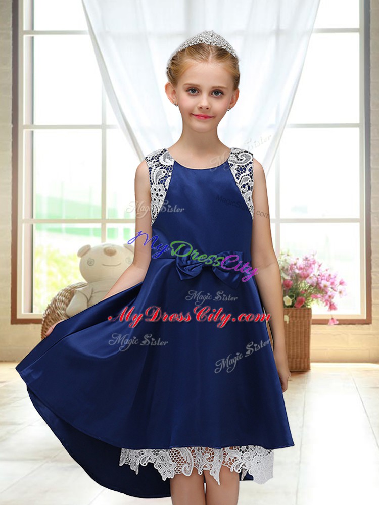 High Low Zipper Toddler Flower Girl Dress Navy Blue for Wedding Party with Lace and Bowknot