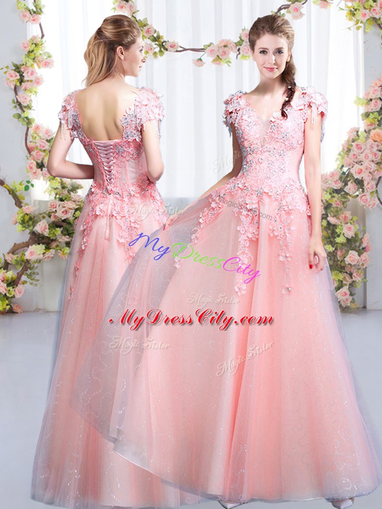 Designer V-neck Cap Sleeves Lace Up Bridesmaid Dresses Pink Tulle