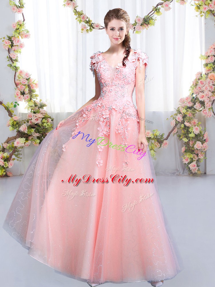 Designer V-neck Cap Sleeves Lace Up Bridesmaid Dresses Pink Tulle