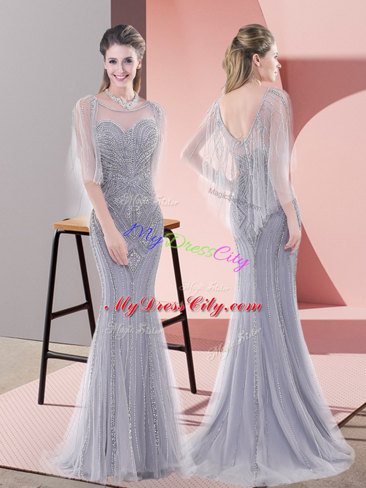 Eye-catching Grey Half Sleeves Sweep Train Beading Prom Dress