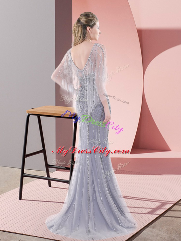 Eye-catching Grey Half Sleeves Sweep Train Beading Prom Dress