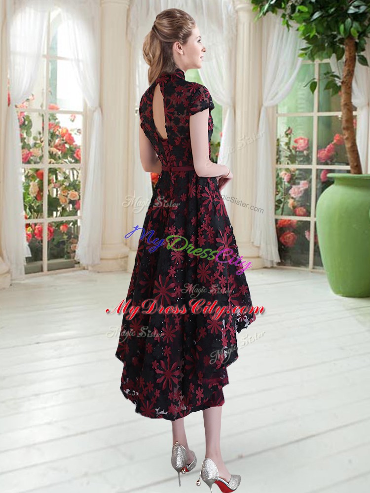 Hot Sale Multi-color A-line High-neck Short Sleeves Lace High Low Zipper Appliques Prom Gown