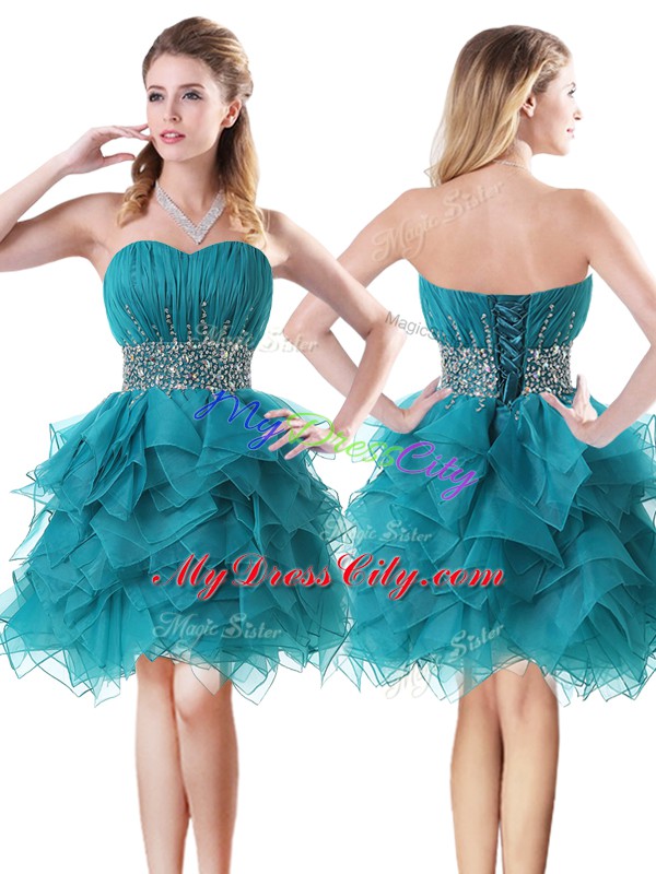 Teal A-line Sweetheart Sleeveless Organza Mini Length Lace Up Beading and Ruffles Evening Dress