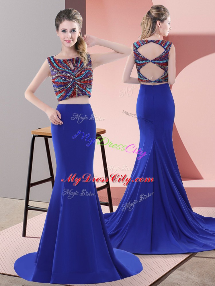 Custom Fit Royal Blue Lace Up Prom Gown Beading Sleeveless Sweep Train