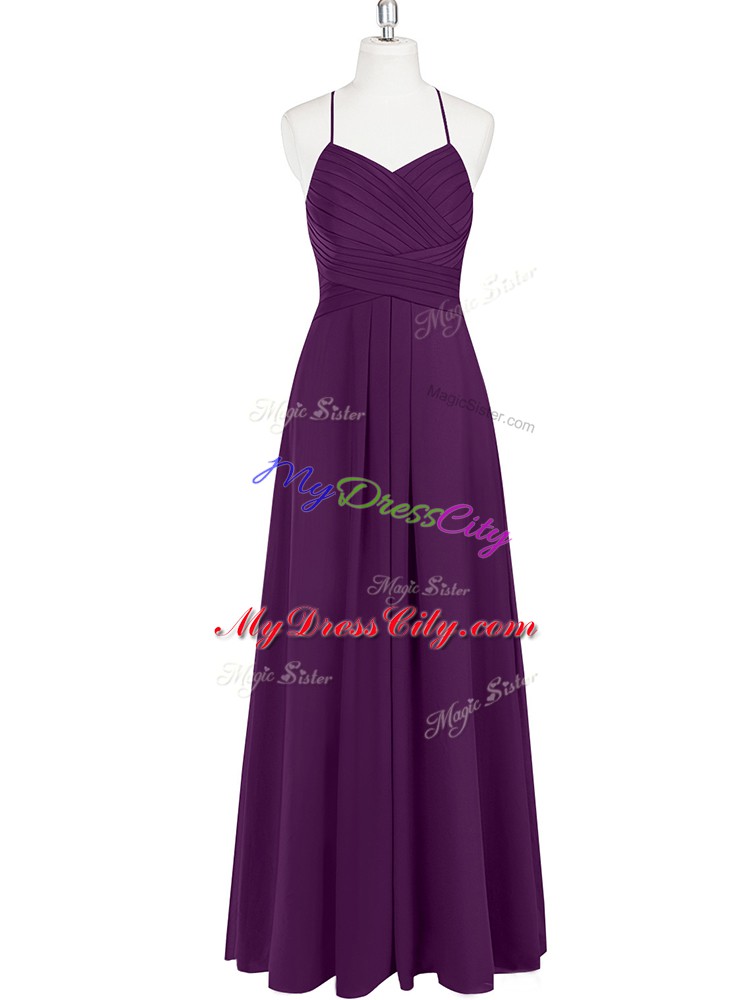 Fantastic Sleeveless Chiffon Floor Length Zipper Prom Dresses in Eggplant Purple with Ruching