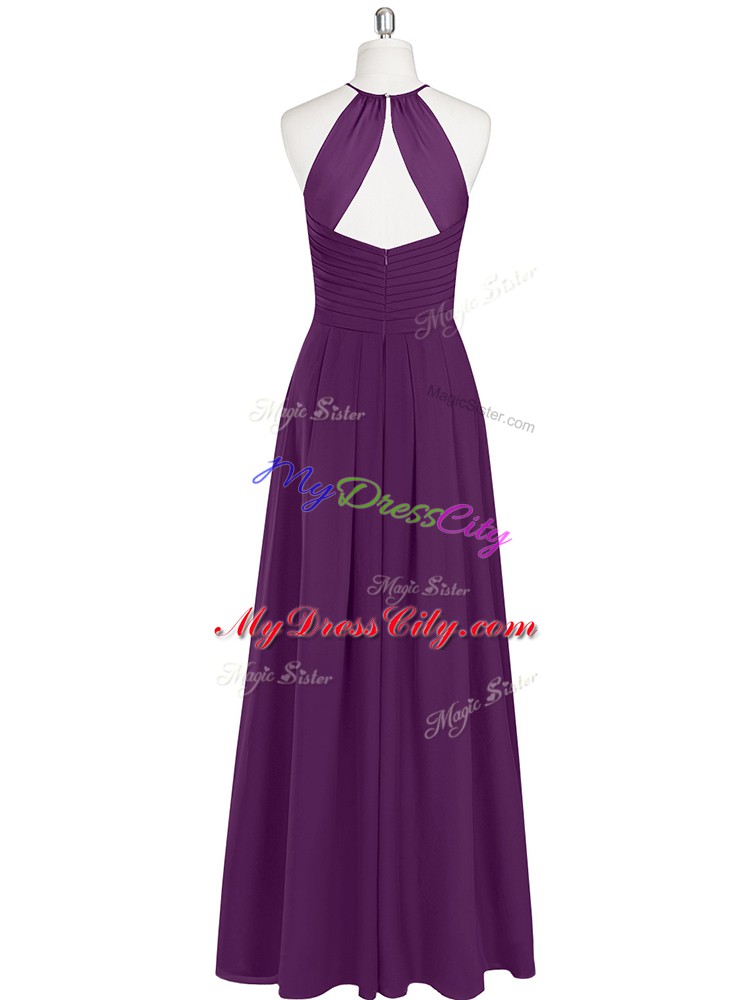 Fantastic Sleeveless Chiffon Floor Length Zipper Prom Dresses in Eggplant Purple with Ruching