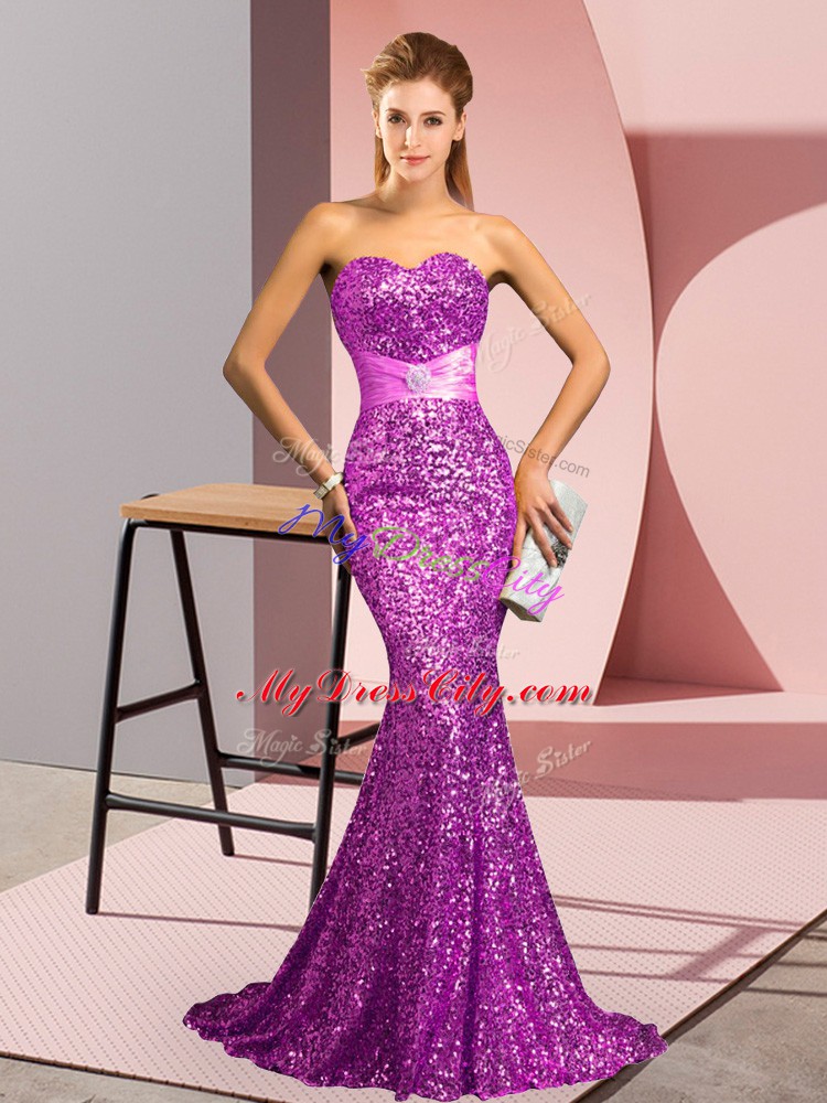 High Quality Sequined Sleeveless Prom Gown Sweep Train and Beading