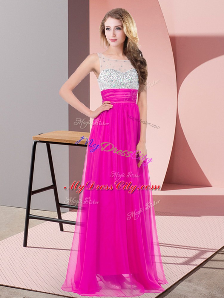 Fuchsia Scoop Side Zipper Sequins Prom Dresses Sleeveless