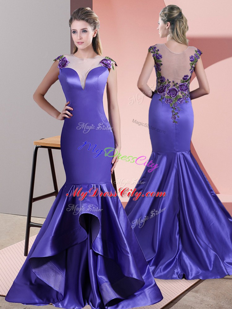 Purple Prom Party Dress Prom and Party and Military Ball with Beading and Appliques Scoop Sleeveless Sweep Train Side Zipper