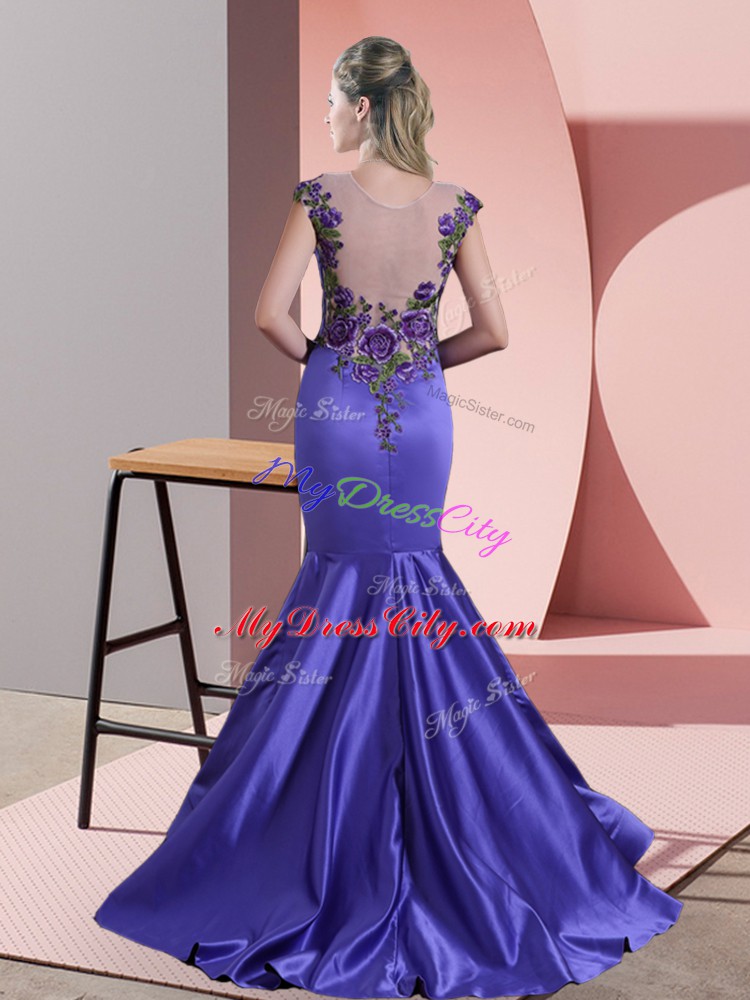 Purple Prom Party Dress Prom and Party and Military Ball with Beading and Appliques Scoop Sleeveless Sweep Train Side Zipper