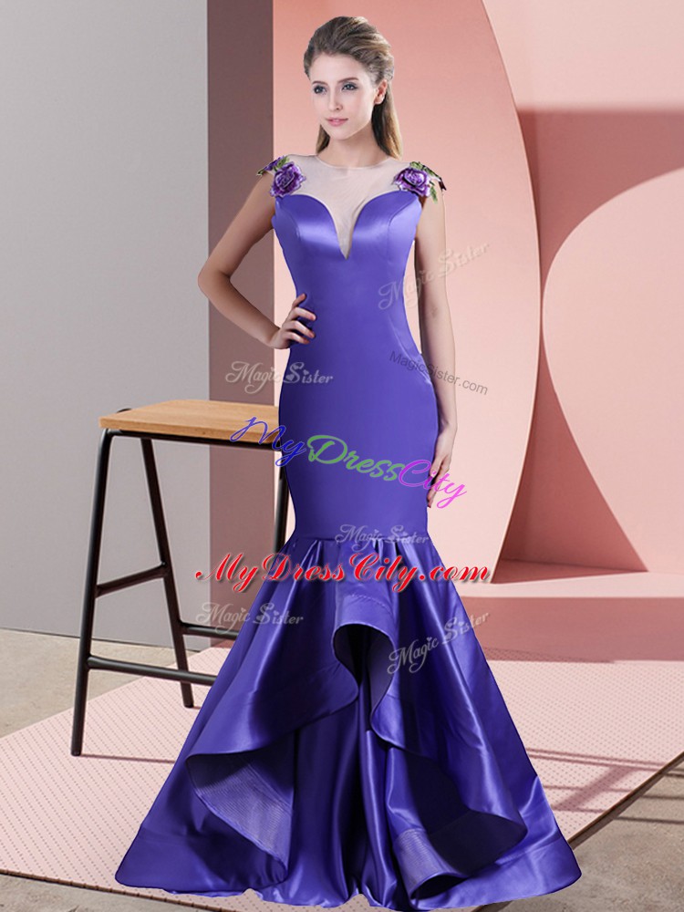 Purple Prom Party Dress Prom and Party and Military Ball with Beading and Appliques Scoop Sleeveless Sweep Train Side Zipper