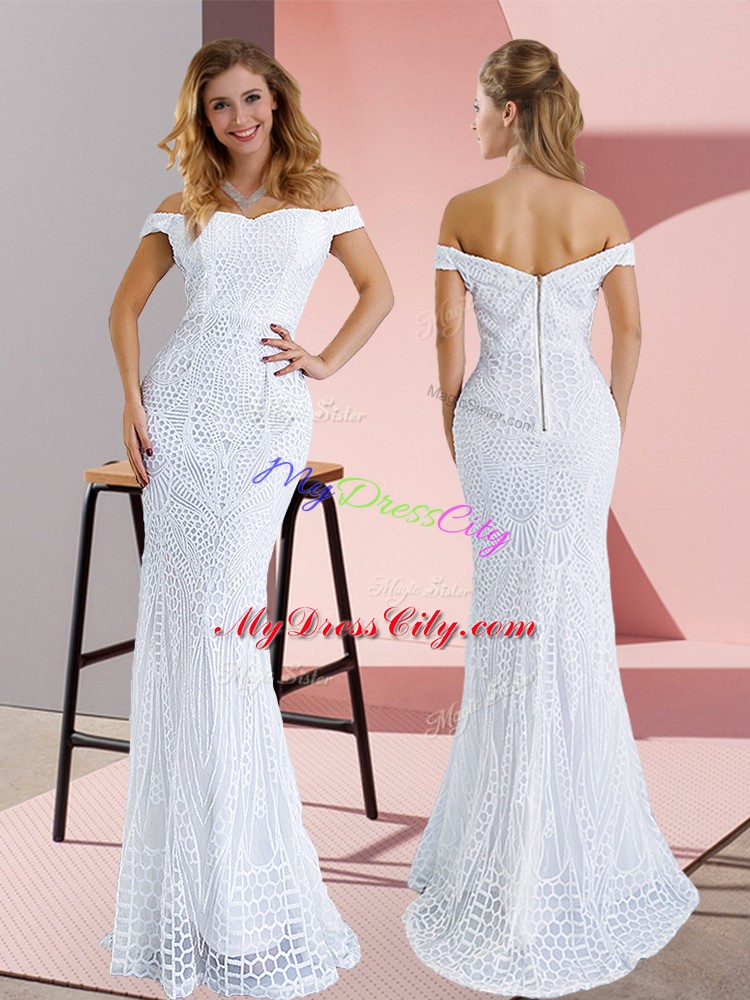 Flare Zipper Prom Dresses White for Prom and Party with Ruching Sweep Train