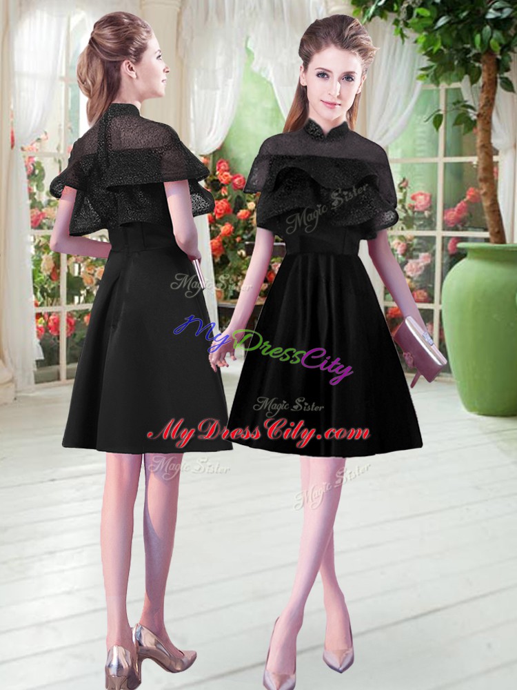 Graceful Knee Length Black Prom Evening Gown Satin Short Sleeves Lace