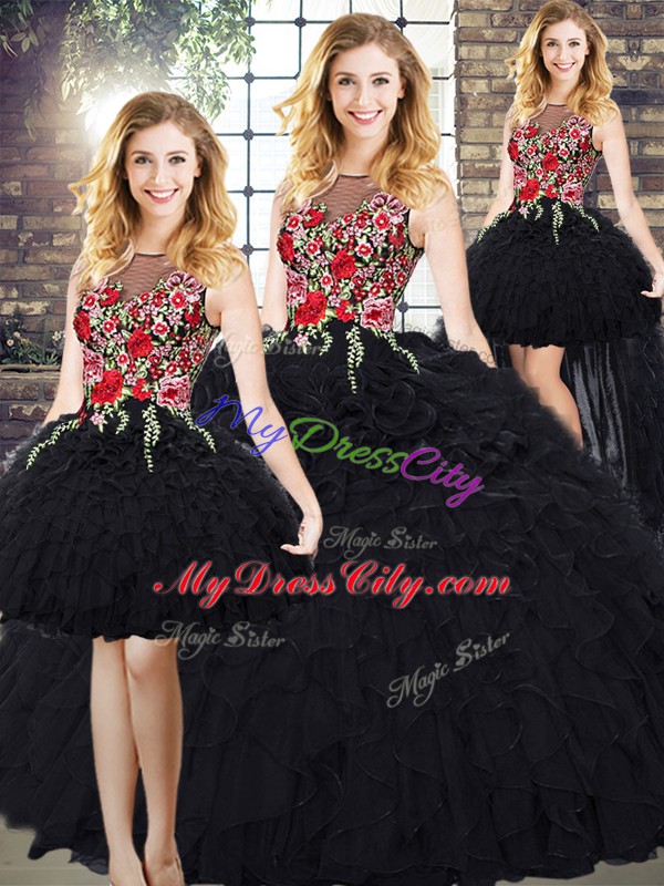 Low Price Organza Scoop Sleeveless Zipper Embroidery and Ruffles Sweet 16 Quinceanera Dress in Black