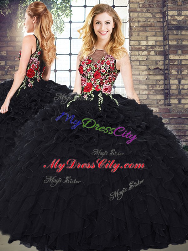 Low Price Organza Scoop Sleeveless Zipper Embroidery and Ruffles Sweet 16 Quinceanera Dress in Black