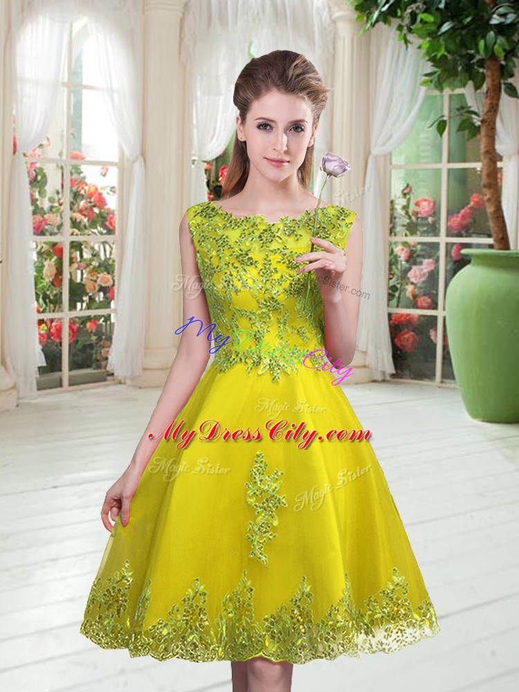 Romantic Scoop Sleeveless Lace Up Prom Party Dress Yellow Green Tulle