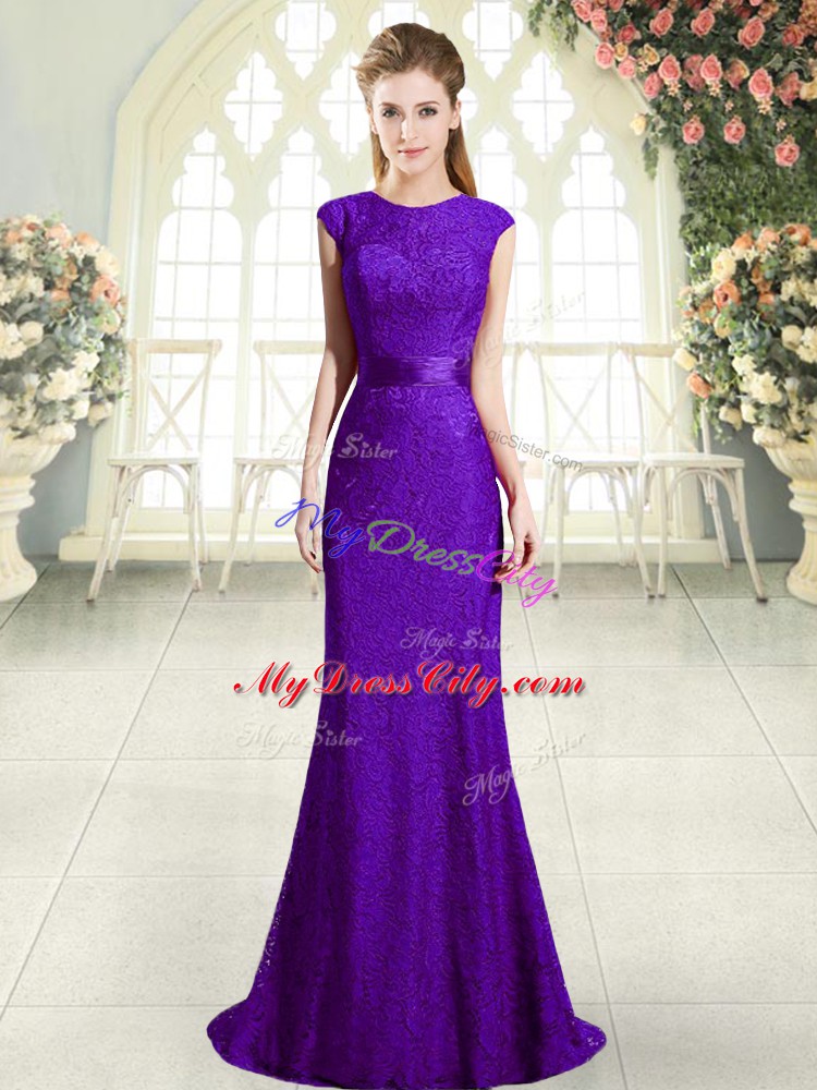 Dark Purple Prom Gown Lace Sweep Train Sleeveless Beading