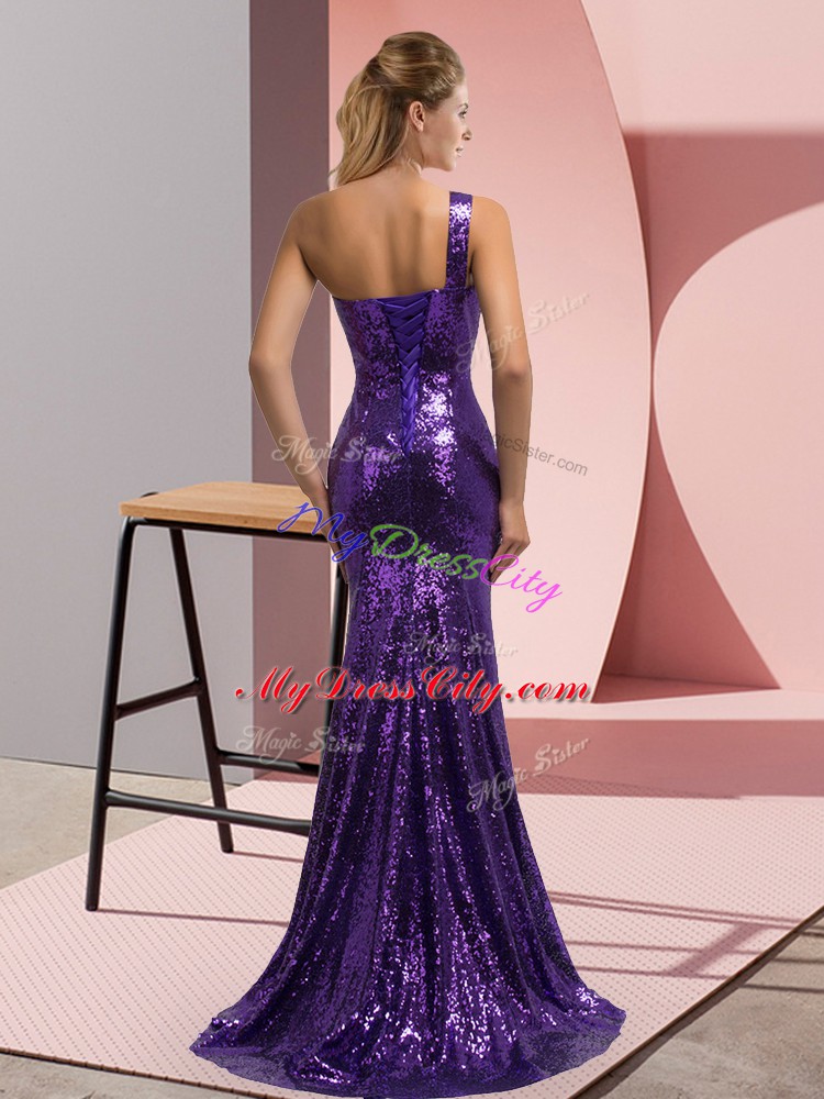 Purple Prom Party Dress Sequined Brush Train Sleeveless Beading and Appliques