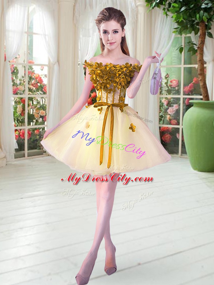 Simple Mini Length Yellow Tulle Sleeveless Beading and Appliques