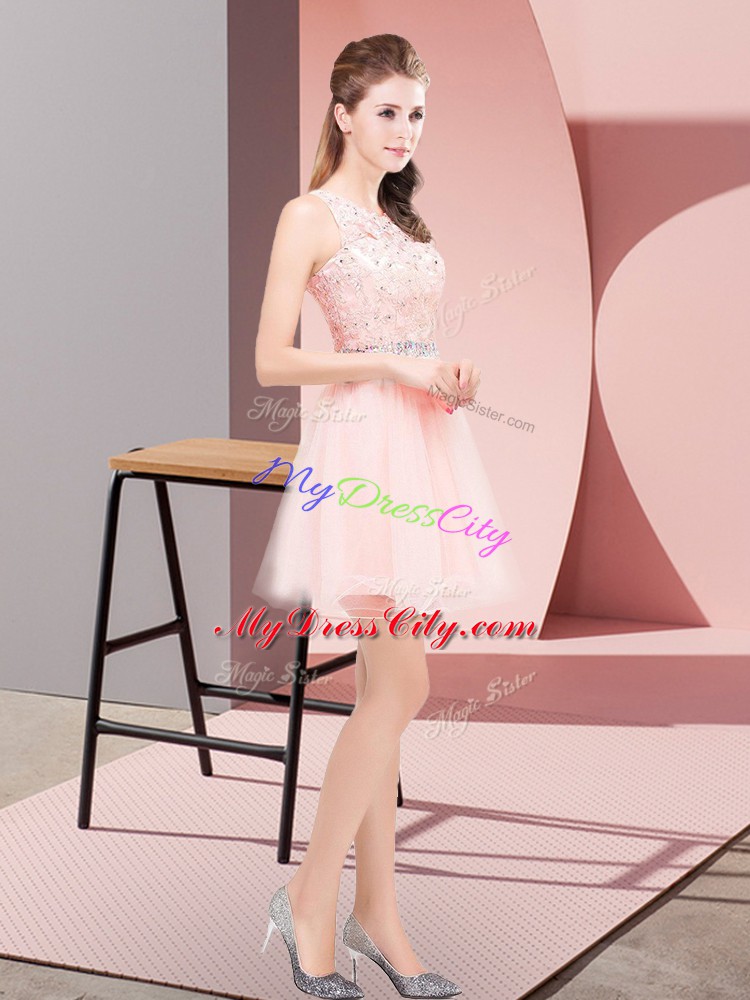 Modest Pink A-line Tulle Scoop Sleeveless Beading and Lace Mini Length Lace Up Prom Dress