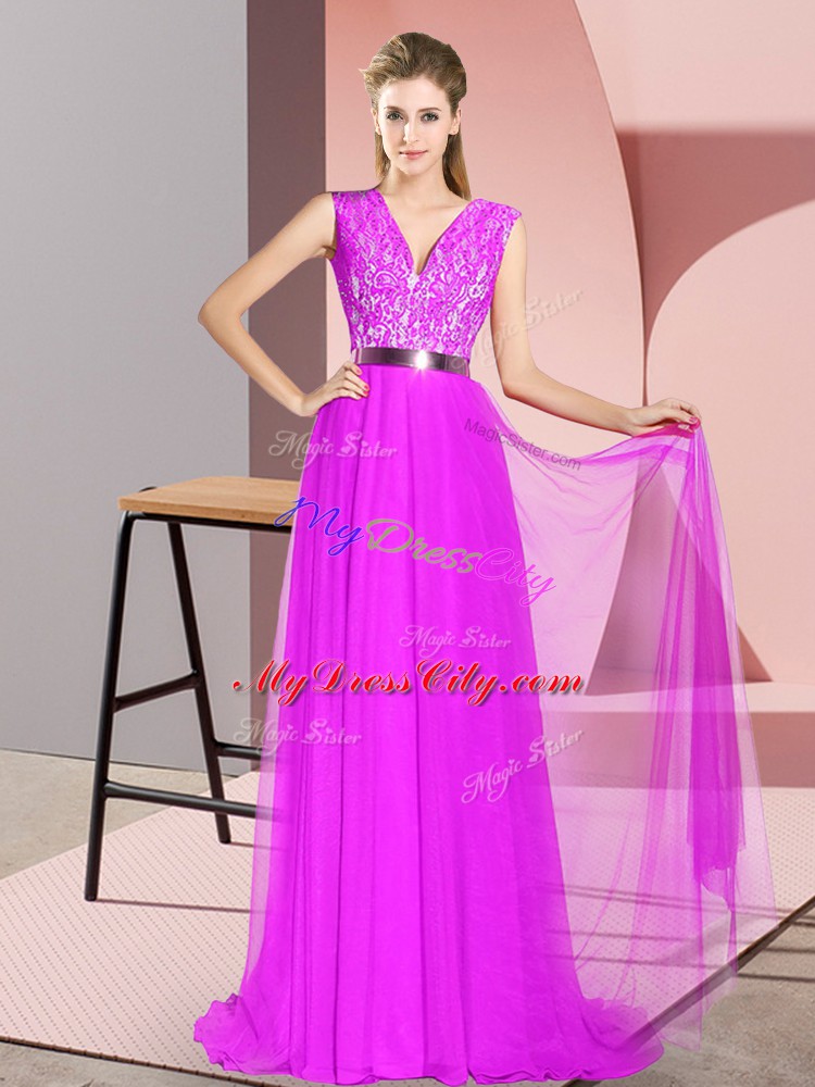 Purple Empire Beading and Lace Prom Evening Gown Zipper Sleeveless